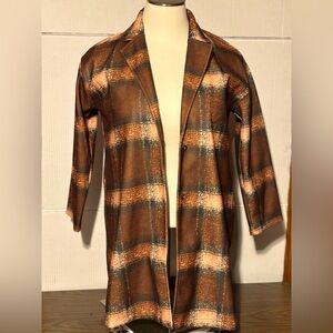 Shein 2 X coat (fits like 1X) 2 snap closure brown plaid 35”L 22” p2p 20” sleeve